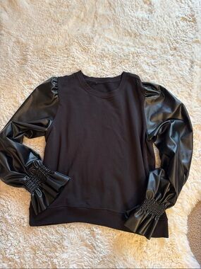 Democracy Black Faux Leather Puff Sleeve Sweatshirt